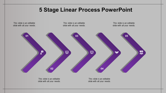 Linear process flow with five green arrows labeled 01 to 05, each containing white icons on a gray backdrop.