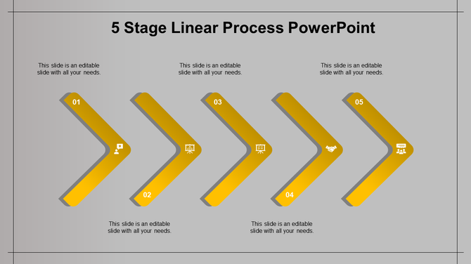 A 5 stage linear process PowerPoint template with yellow arrows pointing forward, each stage featuring a placeholder text.
