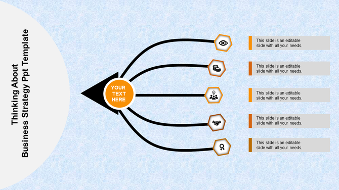 A colorful business strategy slide with a central focal point and arrows branching into various orange icons and text.