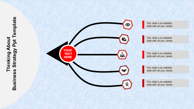 A business strategy PPT slide showing a central arrow with text and multiple branching arrows with red icons.