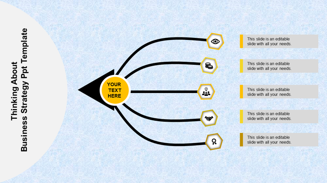 A business strategy PPT slide showing a central arrow with text and multiple branching arrows with yellow icons.