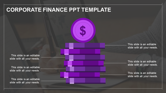 Finance themed slide with a purple coin and stacked bars, linked to six captions on a dark background.