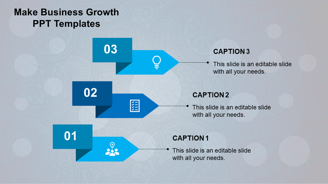 A business growth PowerPoint template with numbered steps, featuring blue arrows and captions.