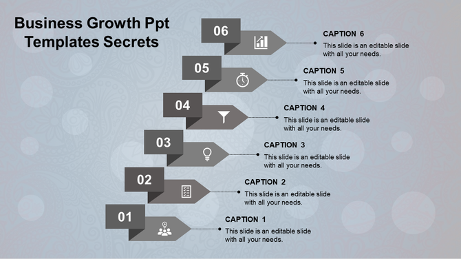A business growth PowerPoint template with gray arrows and captions, representing a step by step growth process.