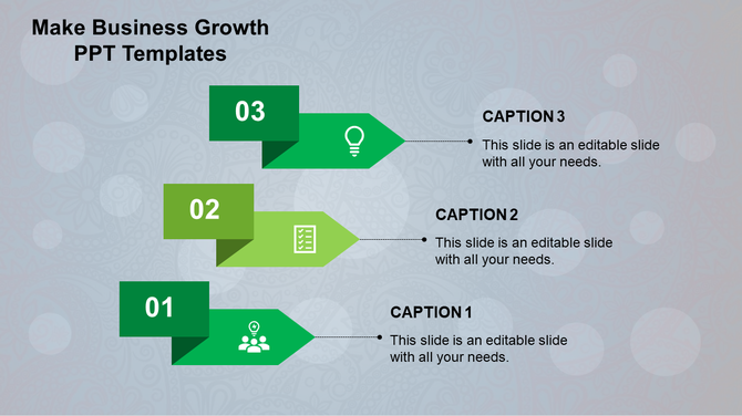 Green gradient business slide with three sequential steps, featuring arrows pointing right, white text, and business icons.