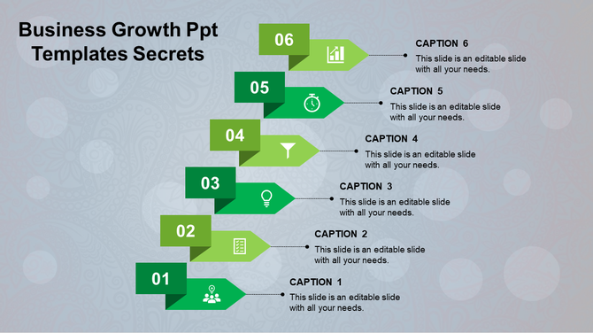 A business growth PowerPoint template with green arrows and captions, representing a step by step growth process.
