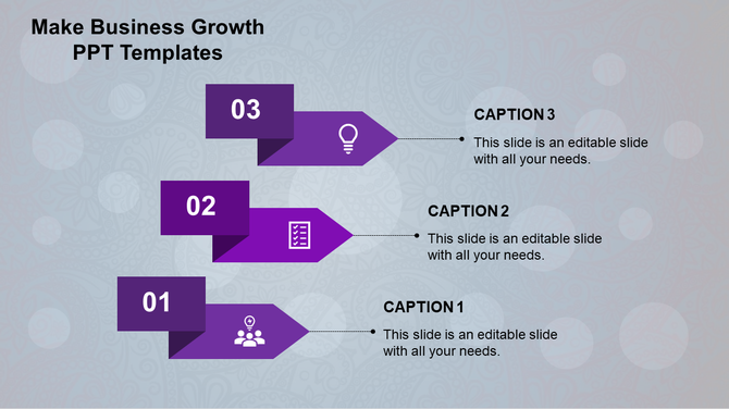 Three step business growth template with purple arrows, numbered labels and icons, on a patterned blue and gray background.
