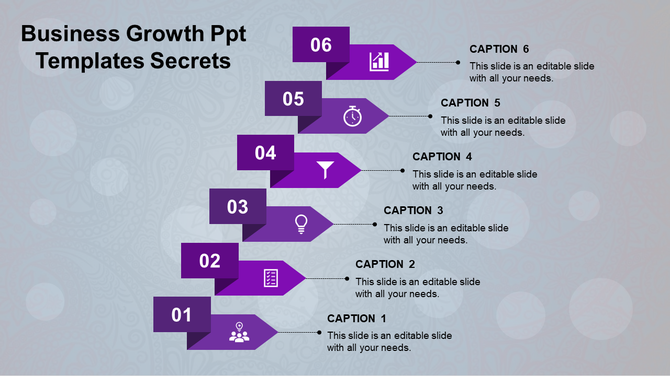 Business growth infographic with six purple arrows, each numbered and connected to captions on a patterned background.
