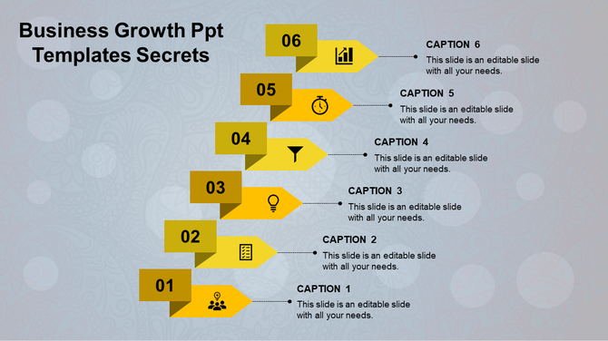 Business growth PowerPoint template showing six steps with yellow icons and captions.