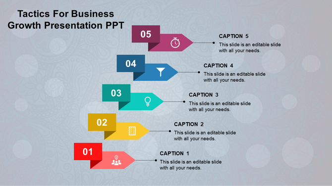 A business growth PPT slide showcasing five steps with arrows in red, yellow, green, blue, and pink, each with captions.