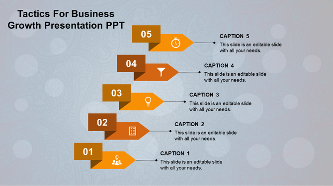 Yellow vertical timeline with numbered arrows and icons, linked to caption boxes detailing each growth step.