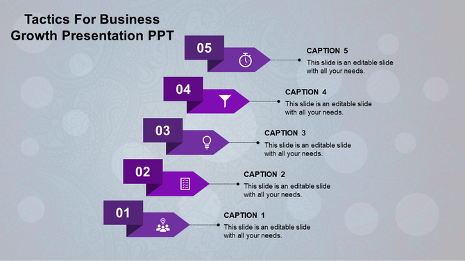 Business growth infographic with five purple arrows, each numbered and linked to text on a patterned light background.