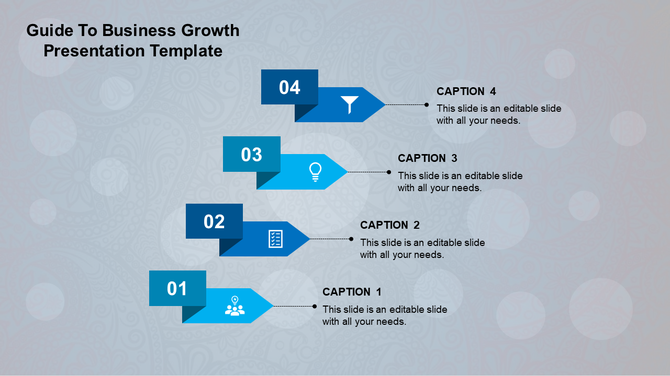 A blue themed business growth PowerPoint template with a step by step guide, incorporating icons for each phase.