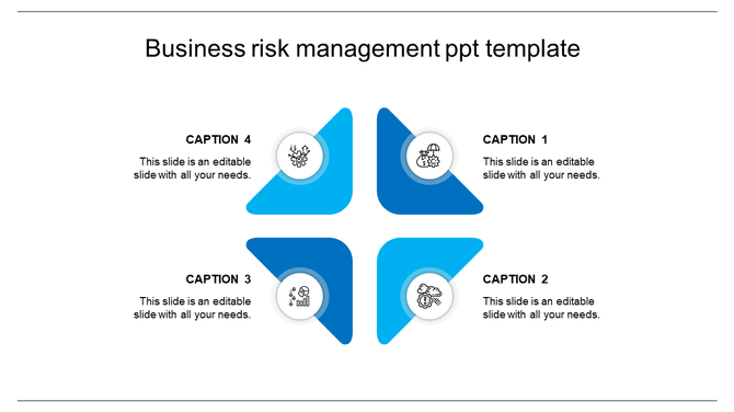 Quadrant style risk management template with four blue sections, circular icons, and placeholder captions for descriptions.
