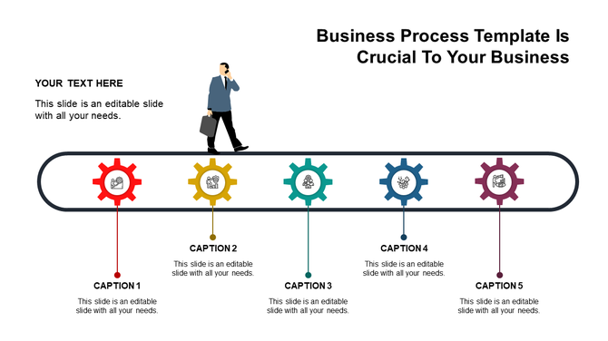 A business process PowerPoint template with five colorful gears and a walking figure in a professional setting with captions.