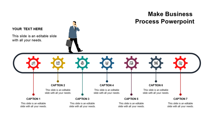 Business process timeline with four grey gears connected to captions and icons below placed in a white background.