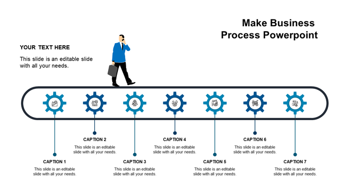 Horizontal timeline featuring seven colored gears on a conveyor path connected to captions areas.