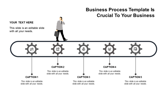 A business process PowerPoint template featuring grey color gears and a professional walking figure, with captions.