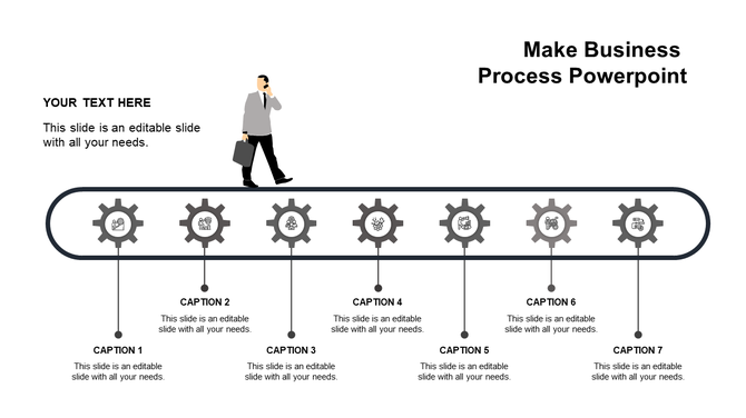 A business process PowerPoint template with grey gear icons representing different stages, with seven text placeholders.