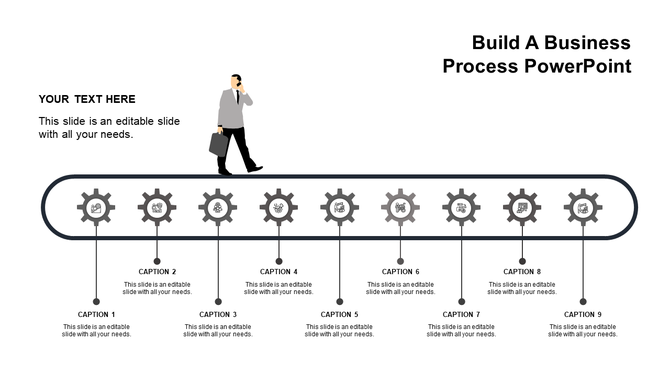 A professional business process PPT template with a walking figure and labeled grey gears for each step in the process.