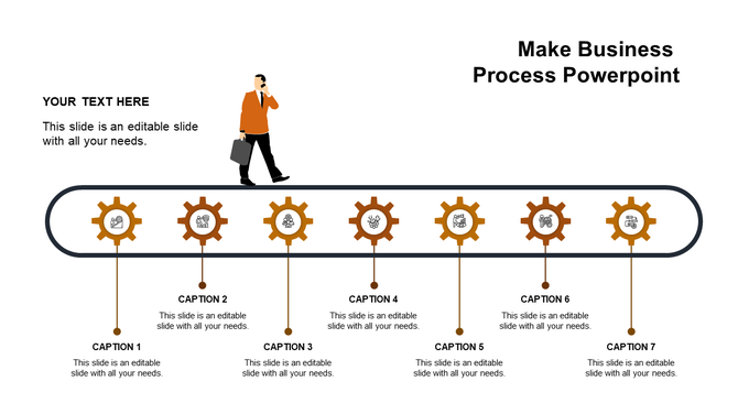 Horizontal timeline featuring seven blue gears on a conveyor path connected to captions areas placed in a white background.