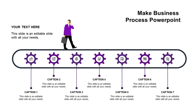 Business themed process flow with a conveyor belt, featuring seven purple gear icons, captions, and a businessman walking.