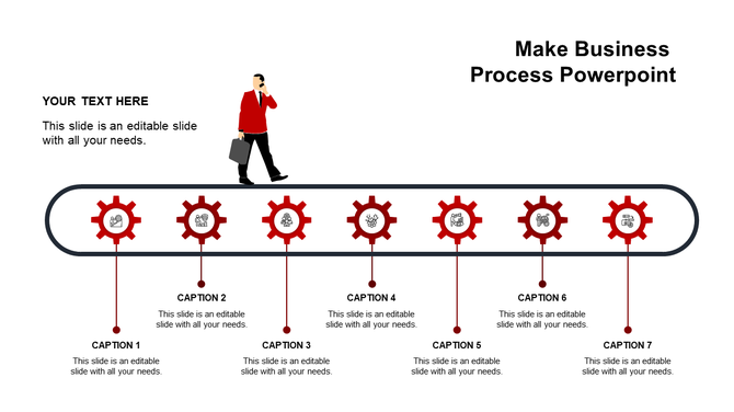 Business process diagram with seven red gear icons on a conveyor belt and a professional figure walking.