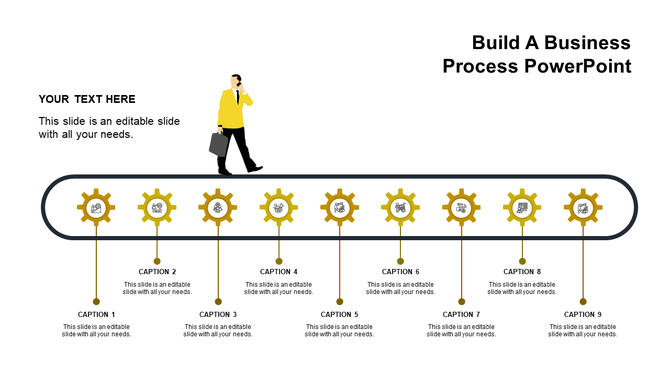 Horizontal process timeline with nine gears in various colors displaying icons, linked to captions areas.