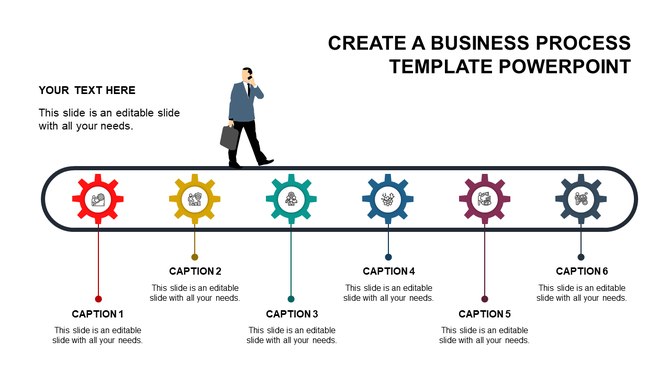 Business process slide with a man walking on a conveyor belt, featuring six colorful gears, and captions below.