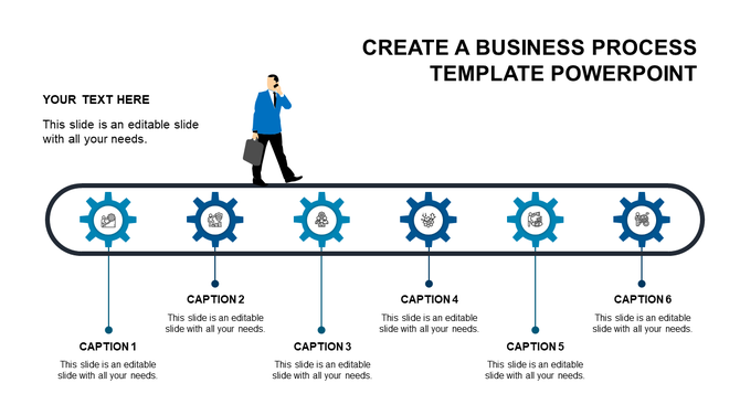Business process layout with a conveyor belt, featuring six blue gears, and a businessman walking above.