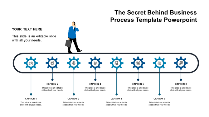 A business process PPT slide with 8 sections, featuring blue color gears representing stages in the process with captions.