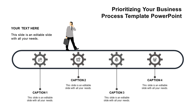 Horizontal timeline featuring four blue gears on a conveyor path connected to captions areas in white backdrop.