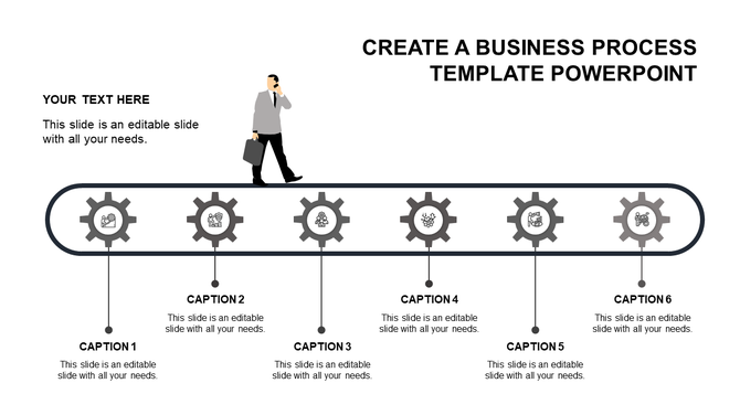 Business process timeline with six green gears on a conveyor belt linked to captions areas placed in a white background.
