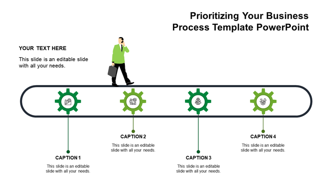 A green themed timeline PowerPoint template, featuring gears and steps for business processes with captions.