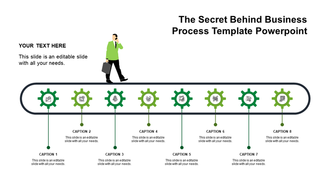 Business themed slide featuring a conveyor belt with eight green gears, a walking businessman, and text boxes underneath.