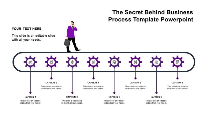 Horizontal process flow with a black conveyor belt, featuring eight purple gears, and captions below.