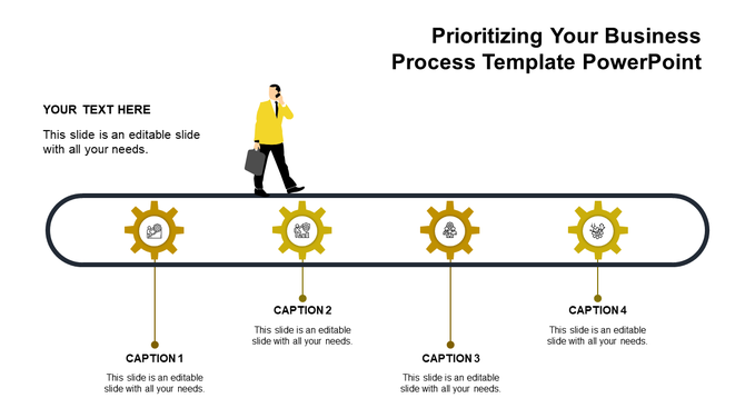 Business process slide with a conveyor belt, featuring four yellow gear icons, captions, and a businessman in formal attire.