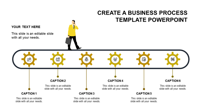 A professional timeline PPT template with yellow gears and a business figure with captions and placeholder text.
