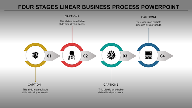 A four stage linear business process PPT template with colored circular markers for each stage with icons and captions.