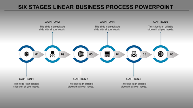 A six stage linear business process timeline template with blue circular markers, each featuring an icon and caption areas.