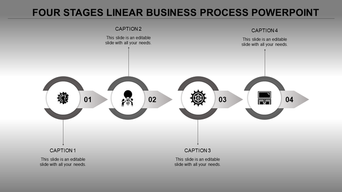 A grey themed 4 stage business process timeline template with grey circular icons for each stage with captions.