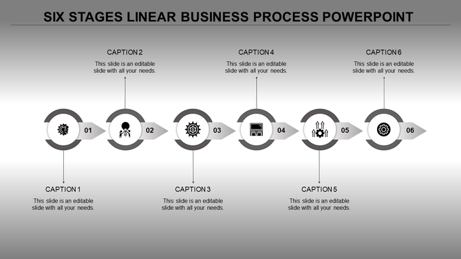 A six stage linear business process timeline template with grey circular markers, each featuring an icon and caption areas.