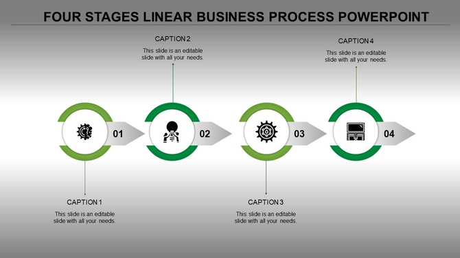 Slide illustrating a four step business workflow with sequential green rings, featuring icons and gray arrows.
