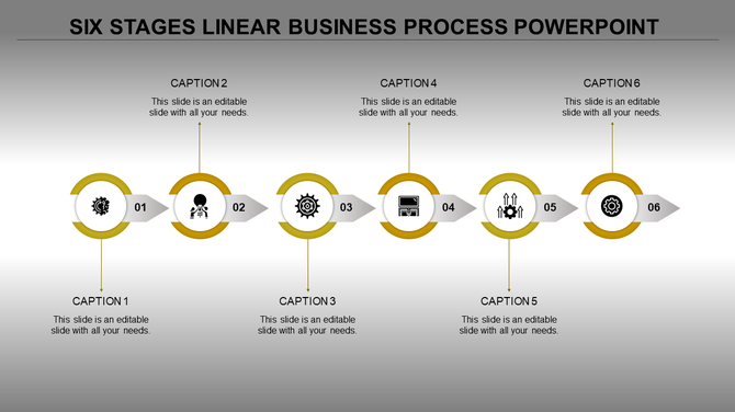 Six step business process flow with red circles, numbered from 01 to 06, connected by silver arrows.