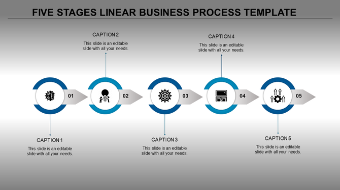 A blue themed 5 stage business process template with circular markers, each featuring an icon and corresponding caption area.