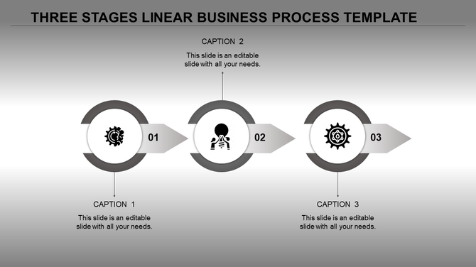A grey themed three stage business process template, featuring circular markers with gear icons and caption areas.