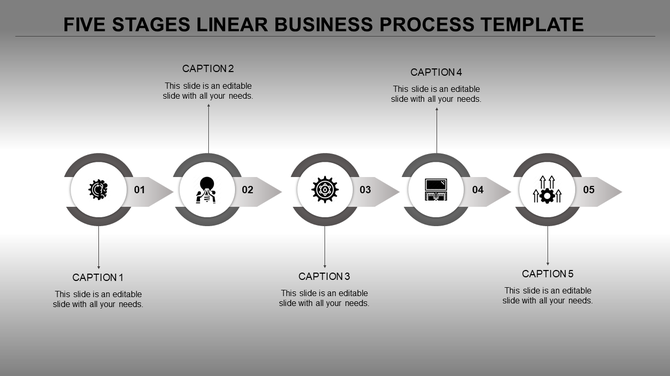 A grey themed 5 stage business process template with circular markers, each featuring an icon and caption area.