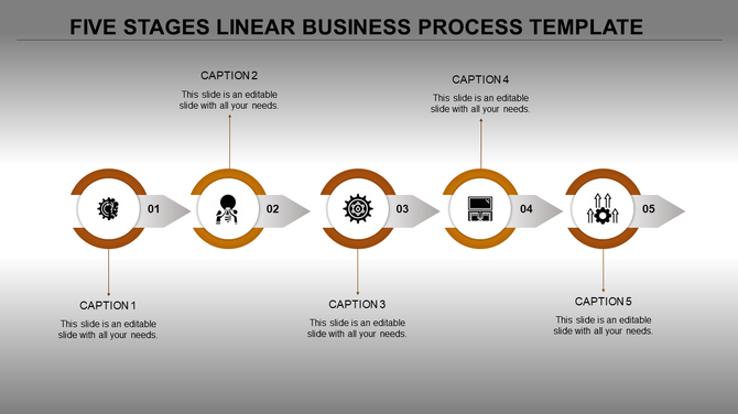 Four step linear process with yellow circular graphics and arrow connectors, labeled 01 to 04 with caption areas.