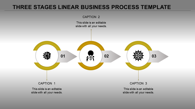 Three step linear business process diagram with yellow circular elements, icons, and captions on a gradient background.