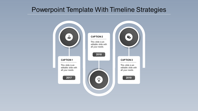 A timeline PPT template showing a strategic flow from 2017 to 2019, with captions and grey color icons for key milestones.